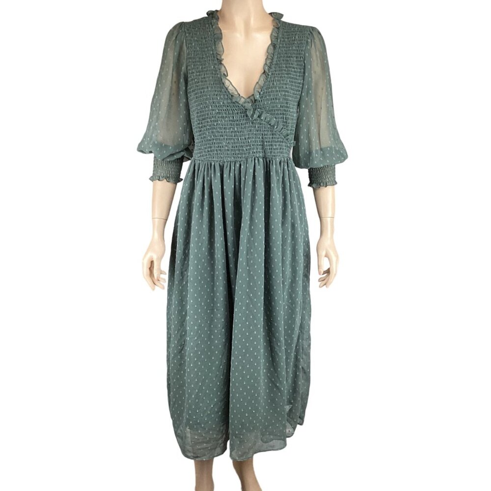 ASOS Design Green Smocked Midi Dress Size 6 Ruffle Trim‎ & Puff Sleeves